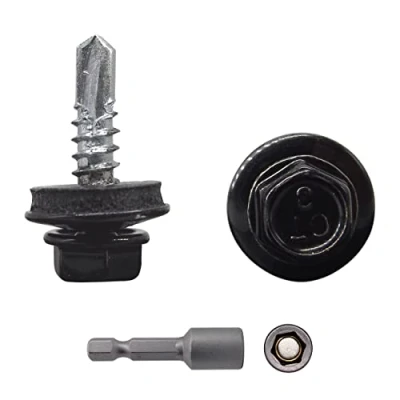 Abbildung von Marcopol (150 Stück) Metalldachschrauben 4,8 x 19 mm Bohrschrauben mit EPDM Unterlegscheiben Lackiert Sechskantscheibe Unterlegscheibe Blechschraube (150, RAL 9005) Schwarz (RAL