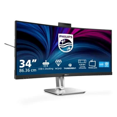 Abbildung von PHILIPS 34B2U6603CH 34 Zoll WQHD Curved Monitor, höhenverstellbar, Lautsprecher, 5 MP Webcam, Noise Cancellation, HDR400 (3440x1440, 120 Hz, 2X HDMI, DisplayPort, USB C, Hub) dunkel grau