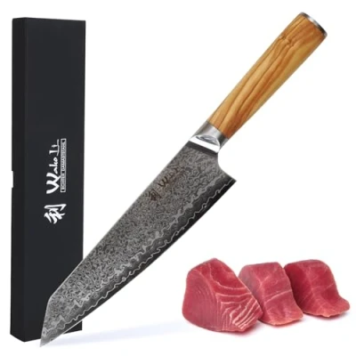 Abbildung von Wakoli Oribu Kiritsuke Chefmesser I 20 cm Klinge aus 67 Lagen Damaststahl, Olivenholzgriff Profi Küchenmesser, inkl. Geschenkbox, Scharf und langlebig