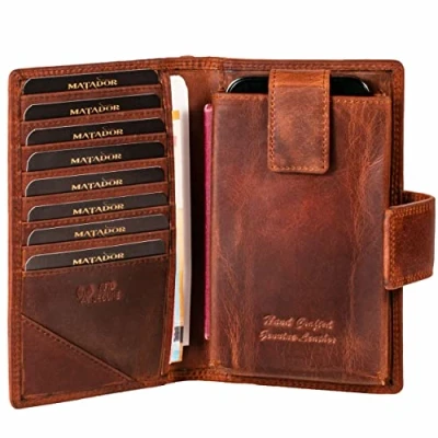 Abbildung von MATADOR Airtag Wallet Geldbeutel Leder Reisepass Organizer Handytasche mit Portemonnaie und RFID Schutz Dokumenten Mappe Reisemappe Geschenk Box Handgelenktasche Handyfach