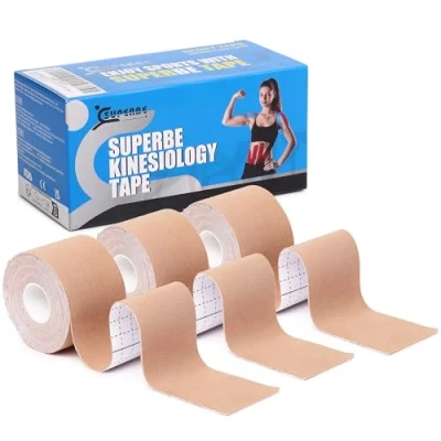 Abbildung von Superbe Kinesio Tape und Physio (Packung mit 3 Rollen), kinesiologisches für Leichtathletik, zur Schmerzlinderung, Genesung Physiotherapie, 5 cm x m (Beige)
