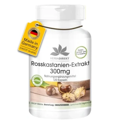 Abbildung von Rosskastanienextrakt Kapseln 300mg pro Kapsel 120 hochdosiert vegan mit 20% Aescin HERBADIREKT by Warnke Vitalstoffe Deutsche Apothekenqualität