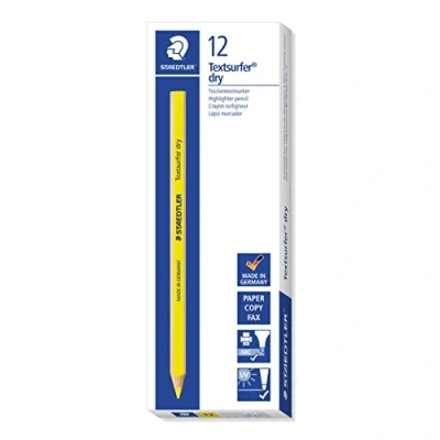 Abbildung von STAEDTLER trockener Textmarker Buntstift, neon gelb, ergonomische Dreikantform, ideal für dünnes Papier, 12 Trockentextmarker im Kartonetui, 128 64 1