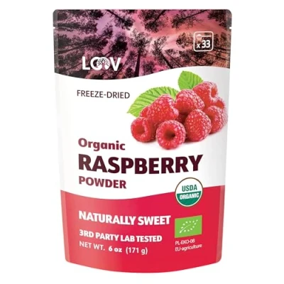 Abbildung von LOOV Bio Himbeerpulver, hergestellt aus 100% ganzen Himbeeren, Pulver gefriergetrockneten 171 g, Europa, Vorrat für 24 Tage, ohne Zuckerzusatz