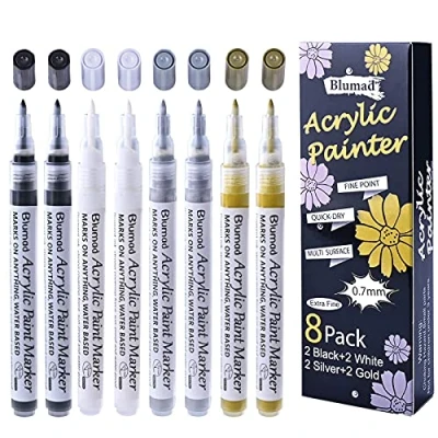 Abbildung von Schwarz Weiß Gold Silber Acryl Farbstifte, 0,7 mm Matallische Permanentmarker, wasserfest, Steinmalerei Stifte für Steine, Kieselsteine, Keramik, Holz, Metall, Papier, Glas, Leder, DIY, 8 Stück