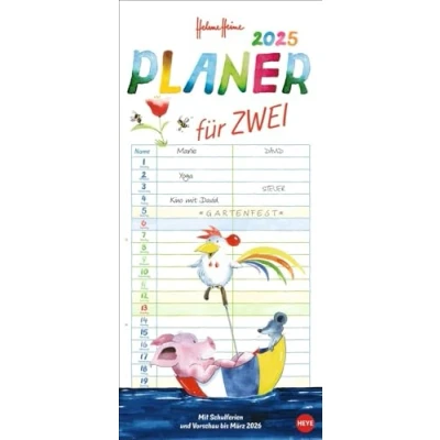 Abbildung von Helme Heine: Planer für zwei 2025: Wandkalender 2025 zum Eintragen mit Schulferien und 3 Monats Vorschau. Partnerkalender den tierischen drei ... 16 x 34,7 cm (Helme Heine Kalender Heye)