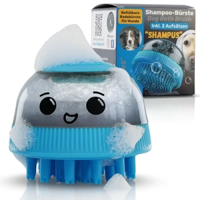 Abbildung von BluePet Befüllbare Badebürste für Hundeshampoo I Einmassieren von Shampoo &amp; anregende Massage Entferne Schmutz loses Fell Inkl. 2x Aufsätze (Weich + Fest) alle Rassen Fellarten