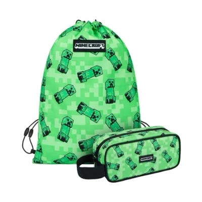 Abbildung von Baagl Minecraft Federmäppchen und Turnbeutel Set 2 Teilig für Jungen Mädchen, Schule Mäppchen, Gymsack, Federmappe, Schuhbeutel, Federtasche Teenager, Kinder Etui (Creeper)