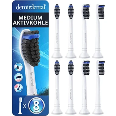 Abbildung von 8er demirdental Aktivkohle Aufsätze passend für Philips Sonicare Ersatzbürsten, Medium Bürstenköpfe natürliche Reinigung, Weiß, entspricht HX9058m