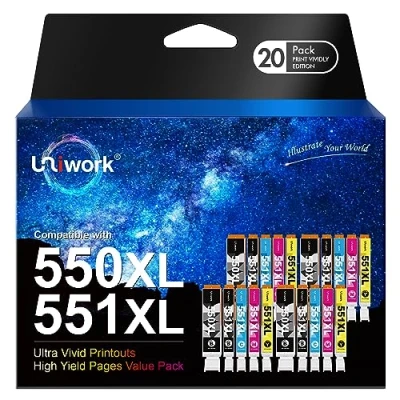 Abbildung von Uniwork 550 551 XL Multipack Patronen Kompatibel für Canon PGI PGBK CLI Druckerpatronen Pixma MX925 IP7250 MG5650 MX725 MX920 MG5550 IP7200 MG6650 MG6450 IX6850 MG5450 (20er Pack)