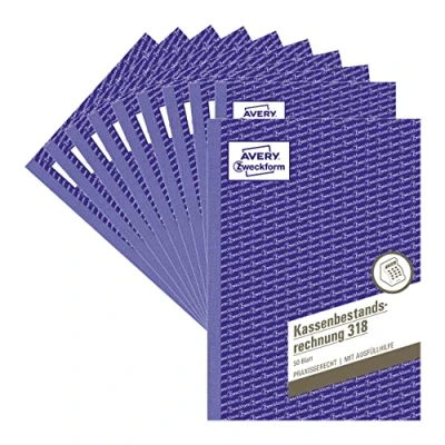 Abbildung von AVERY Zweckform 318 10 Kassenbestandsrechnung (A5, von Rechtsexperten geprüft, für Deutschland und Österreich zur ordnungsgemäßen, kostengünstigen Buchführung, 50 Blatt) 10er Pack, weiß, Blau