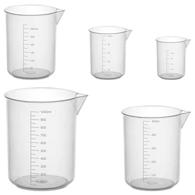 Abbildung von stonylab Messbecher Kunststoff Set, Durchsichtiger mit Ausgießer Flüssigkeitsbecher Behälter in 5 Größen, 50 ml/100 ml/250 ml/500 ml/1000 ml (1 L), Kombi Pack