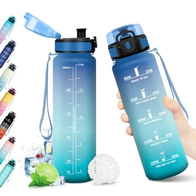 Abbildung von Trinkflasche 500ml, BPA frei, Wasserflasche mit Filter und Zeitmarkierung, Auslaufsicher, Kohlensäure Geeignet, für Kinder, Gym, Camping, Wandern, Fahrrad, Yoga, Sport