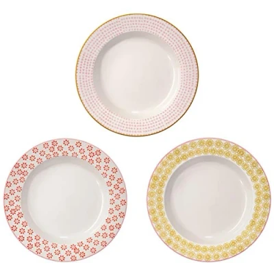 Abbildung von Bloomingville Suppenteller Susie Retro Tiefe Teller Vintage große Ø 24 x H 4 cm, Ocker rot rosa, Keramik, 3er Set, fasst ca. 400 ml