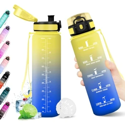 Abbildung von Trinkflasche 1L, Auslaufsicher, BPA frei, Sport Wasserflasche, mit Filter und Zeitmarkierung, Ideal für Gym, Yoga, Camping, Fahrrad, Schule, Büro, Erwachsene, Kohlensäure geeignet