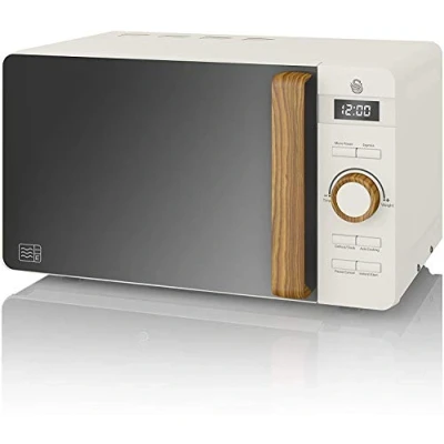 Abbildung von Swan Nordic 20 L digitaler Mikrowellenherd, 6 Leistungsstufen, 800 W Leistung, 30 Minuten Timer, einfache Reinigung, Abtaumodus, modernes Design, Griff in Holzoptik, mattweiß