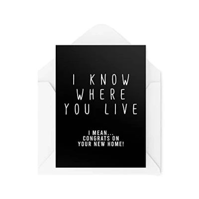 Abbildung von Tongue in Peach Lustige Umzugskarten I Know Where You Live New Home Card For Him Her Friends Bestie Novelty Dark Humor Witz Moved House Creepy CBH580, Weiß, 21 x 15 0,2 cm