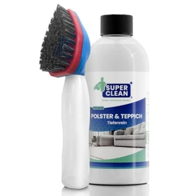 Abbildung von SUPER CLEAN Polster und Teppich Tiefenrein. Polsterreiniger Konzentrat für alle Arten von Polstern, Teppichböden, Autositzen, Sofa oder Couch Inhalt: 500 ml + Shampoonierbürste