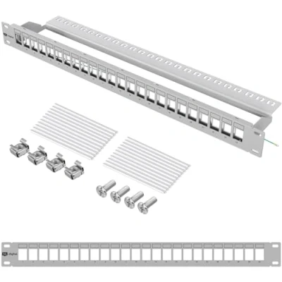 Abbildung von hb digital 24 Port Patchpanel Verteilerfeld Patchfeld Modular für RJ45 Keystone Module 19 Zoll CAT 5 6 7 Netzwerkschrank LAN Professional TIA568A TIA568B Switch Erdungskabel Hellgrau