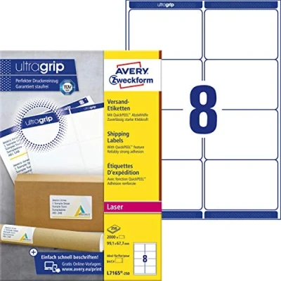Abbildung von AVERY Zweckform L7165 250 Versandetiketten/Versandaufkleber (2.000 Etiketten mit ultragrip, 99,1x67,7mm auf A4, bedruckbar, selbstklebend, für DIN B4/C4 Umschläge und Versandrollen) Blatt, weiß