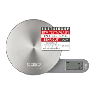 Abbildung von CASO Kitchen EcoMate Design Küchenwaage, batterielose Nutzung durch kinetische Energie, besonders flach, magnetisch, bis zu 5 kg in 1g Schritten, Wiegefläche aus Edelstahl (Ø 11,5 cm)
