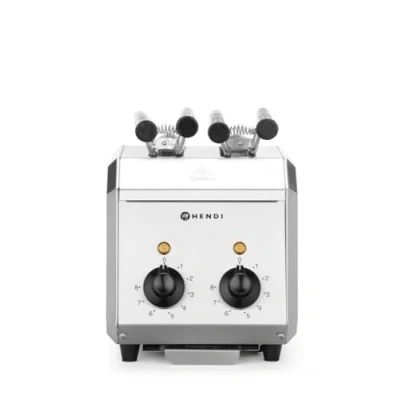 Abbildung von HENDI Sandwichtoaster, Sandwich, Gehäuse aus Edelstahl, Timer mit Alarm, einstellbarr auf maximal 8 Minuten, Abnehmbares Krümelfach, 230V, 1200W, 200x300x(H)223mm, Edelstahl