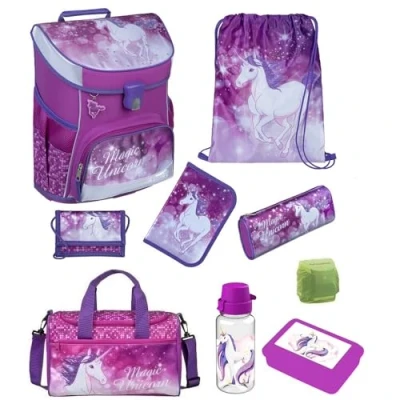 Abbildung von Familando Mädchen Schulranzen 1. Klasse · Scooli Campus Fit Schultasche ergonomisch &amp; leicht Kinder Set für (9 teilig mit Sporttasche, Magic Unicorn Lila)