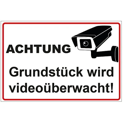 Abbildung von Schild &quot;Achtung Grundstück wird videoüberwacht&quot; aus Alu/Dibond 200x140 mm 3 stark