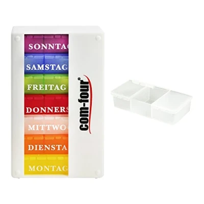 Abbildung von com four® Medikamentendosierer 7 Tage Medikamenten Box (Morgens, Mittags, Abends) Pillendose Tablettendose Wochendosierer + mit 3 Fächern (01 Stück weiß Zubehör)