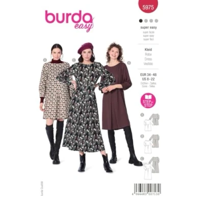 Abbildung von burda style Schnittmuster, 5975, Kleid selber nähen [Damen, Gr. 34 48] Level 1 für Anfänger, mehrfarbig