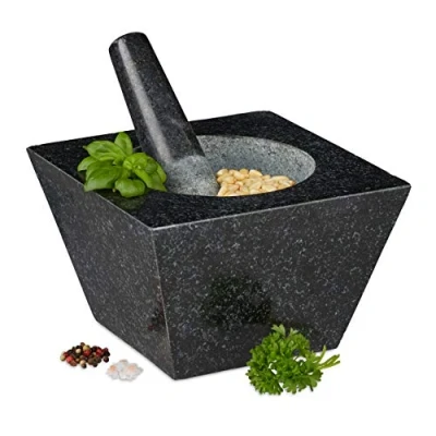 Abbildung von Relaxdays 6,75 kg XXL Mörser mit Stößel, Granit, 750 ml, Gewürze &amp; Kräuter, HBT 12 x 19,5 19,5cm, Steinmörser, schwarz