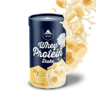 Abbildung von Multipower Whey Protein Shake Pulver 420g, mit Banana Milk Geschmack und Vitamin B6, ideal zur Regeneration des Körpers nach dem Sport
