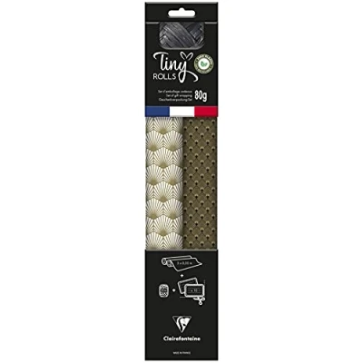 Abbildung von Clairefontaine 223891C Set Tiny Rolls, 2 Geschenkpapierrollen 5x0,35m, 80g + 1 Rolle Geschenkband 10 Geschenketiketten, gold/schwarz