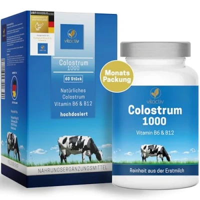 Abbildung von VITACTIV Colostrum 1000 mg, Kapseln hochdosiert plus Vitamin B6 &amp; B12 zur Unterstützung des Immunsystems, Nervensystems und Energiestoffwechsels, aus Kuh Erstmilch (60 Kapseln, Monatspack)