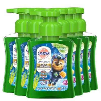 Abbildung von Sagrotan Kids Samt Schaumseife Aloe Vera Paw Patrol Edition 6 x 250 ml mit farbigem Schaum im Seifenspender