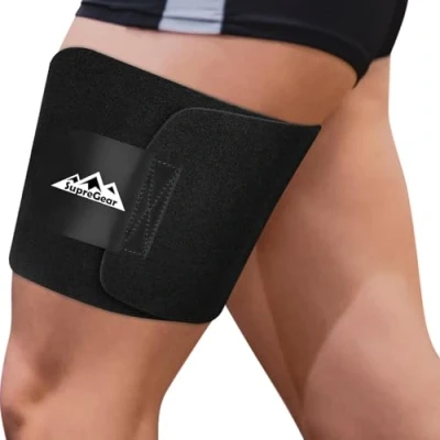 Abbildung von supregear Oberschenkelbandage, Verstellbare Leistenwickel Bandage bei Hüft, Leisten, Oberschenkel, Gelenk, Muskelschmerzen und Hüftschmerzen, Hüftgelenkstütze für Frauen Männer, Schwarz