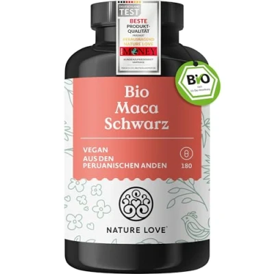 Abbildung von NATURE LOVE® Bio Maca Kapseln (schwarz) 3000 mg je Tagesdosis 180 Mit natürlichem Vitamin C Ohne Magnesiumstearat, Zertifiziert Bio, hochdosiert, vegan, in Deutschland produziert