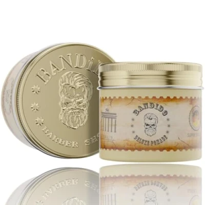 Abbildung von Bandido Deluxe Pomade Herren 125ml Haarwachs Männer mit starker Halt Haarstyling Hair Wax Men Wasserbasiert Schöner Duft Barbershop Haarpomade Shine Wet look Designs