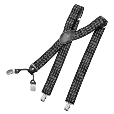 Abbildung von DonDon Hosenträger Herren breit 3,5 cm mit 4 Clips extra stark in Y Form elastisch und längenverstellbar, Rauten Schwarz Grau Weiß