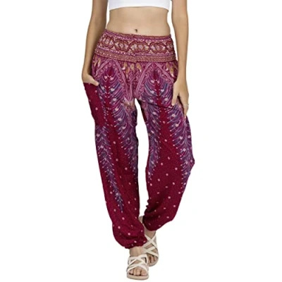 Abbildung von Lofbaz Damen Haremshose Yogahose Pumphose Hippie Hose Boho Kleidung Festival Outfit Sommerhose Leicht Sommer Hosen Peacock 1 Burgund XL