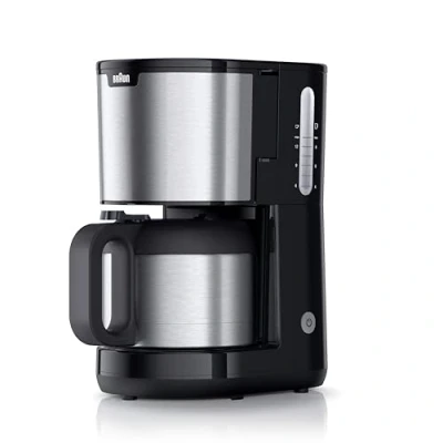 Abbildung von Braun PurShine KF1505 BK Filterkaffeemaschine, 1,2L Edelstahl Thermokanne für bis zu 9 Tassen, OptiBrew System, Tropf Stopp Funktion, schwenkbarer Filterkorb, Automatische Abschaltung, 1000W, Schwarz