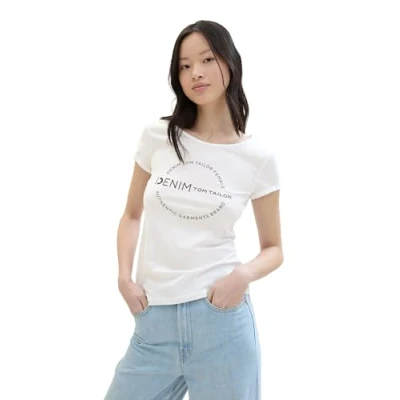 Abbildung von TOM TAILOR Denim Damen Basic T Shirt mit Logo Print, White, XL