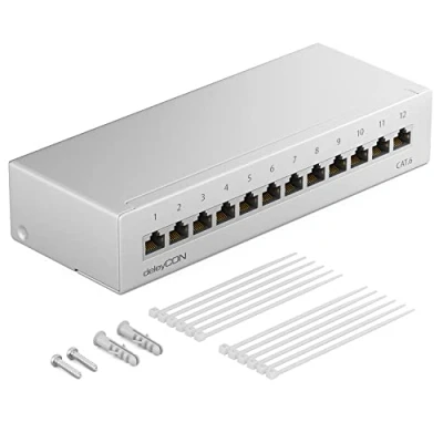 Abbildung von deleyCON CAT 6 Patchpanel Verteilerfeld 12 Port 1 HE Desktop &amp; Wandmontage Geschirmt 12x RJ45 Buchse LAN Netzwerk Verlegekabel TIA568A TIA568B RAL 7035 Lichtgrau