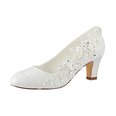 Abbildung von Emily Bridal Brautschuhe Frauen Seide wie Satin Stämmiger Absatz Absatzschuhe mit Stich Spitzen Blume Kristall Perle (EU39, Ivory)