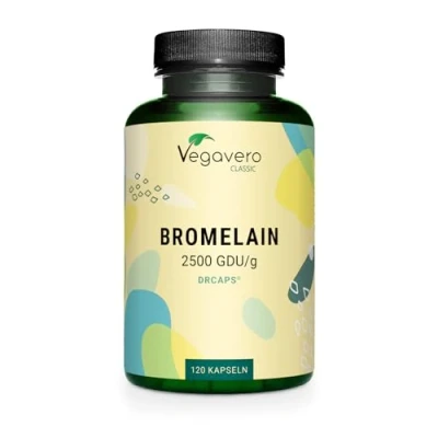 Abbildung von Bromelain hochdosiert 650 mg (3120 F.I.P 1560 GDU) pro Kapsel magensaftresistente DRCaps® Laborgeprüft Enzyme aus Ananas Vegan Ohne Zusatzstoffe Deutsche Produktion Vegavero®