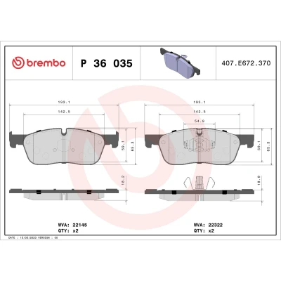 Abbildung von BREMBO P 36 035 Bremsbelagsatz für Verschleißwarnanzeiger vorbereitet mit Kolbenclip ohne Zubehör JAGUAR: F Pace, XF Saloon, Sportbrake