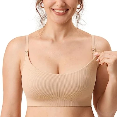 Abbildung von MOMANDA Damen Still BH ohne Bügel Soft Gepolstert Gerippt Schwangerschafts BHS Schlaf Bequemer Beige 2 XXL