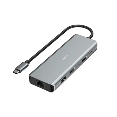 Abbildung von Hama USB Hub 9 Ports (4x A, 1x C Daten, Power, 2x HDMI, LAN/Ethernet, Ultra HD 4K, bis zu 5 Gbit/s, MST für mehrere Bildschirme, Thunderbold, Power Delivery) Aluminium