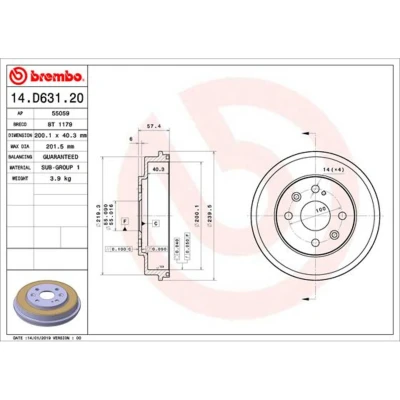 Abbildung von BREMBO 14.D631.20 Bremstrommel 200,1 MAZDA: 2 Hatchback