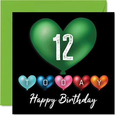 Abbildung von Stuff4 Lustige Geburtstagskarte zum 12. Geburtstag für Jungen und Mädchen, Herzballons, Happy Birthday Karte Sohn, Tochter, Bruder, Schwester, Enkel, Enkelin, Nichte, Neffe, Cousin, 145 x mm